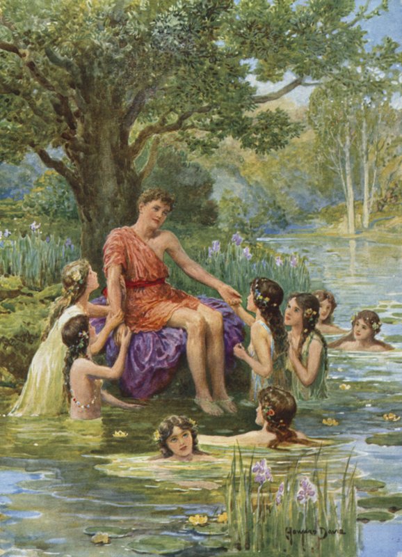 As ninfas da água vieram olhar para ele, e adoraram-no. De How the Argonauts sailed to Colchis (cor litho) de Howard Davie