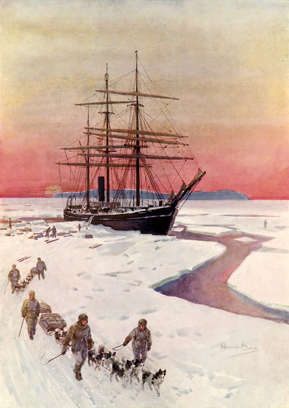 Descarregando o "Terra Nova" em McMurdo Sound (lito a cores) de Howard Davie