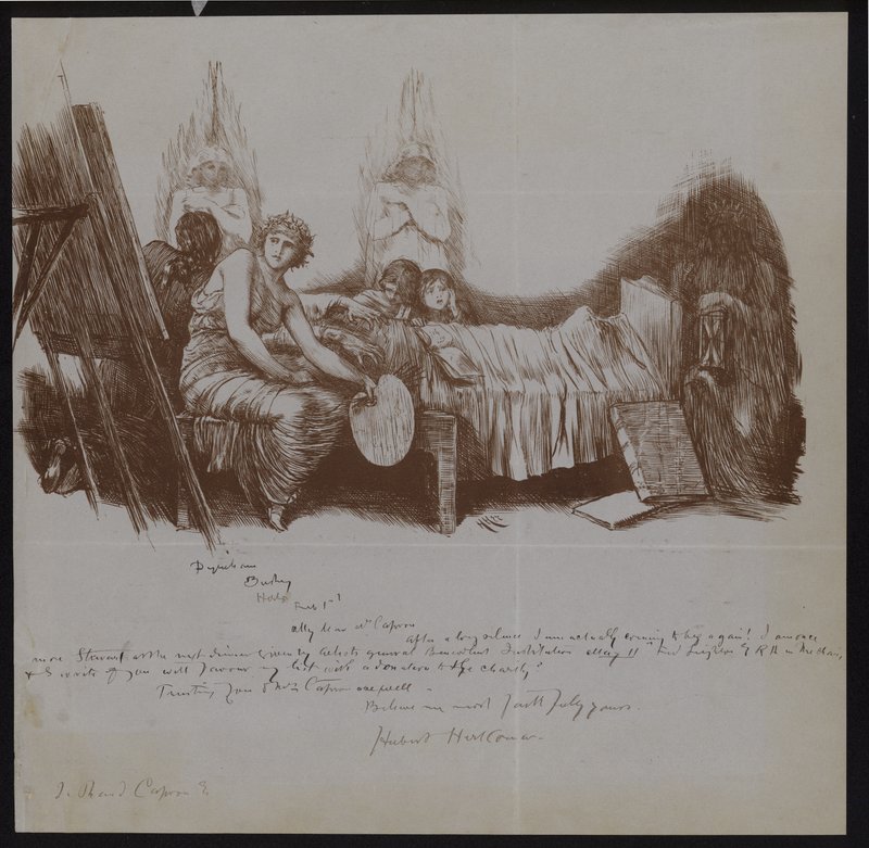 Cena de um leito de morte com crianças e figuras alegóricas incluindo e artista com cavalete de Hubert von Herkomer