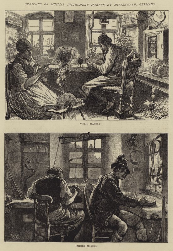 Esboços de fabricantes de instrumentos musicais em Mittenwald, Alemanha de Hubert von Herkomer