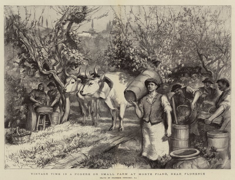 Hora do vintage em um Podere ou pequena fazenda no Monte Fiano, perto de Florença de Hubert von Herkomer