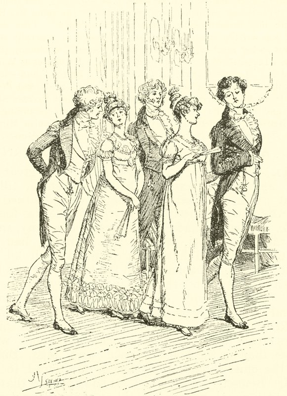 A festa de Netherfield entrando no salão de Hugh Thomson