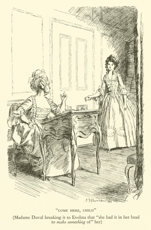 Vem cá, criança, a Madame Duval partiu-a para Evelina que "ela tinha na cabeça para fazer algo dela" (gravura) de Hugh Thomson