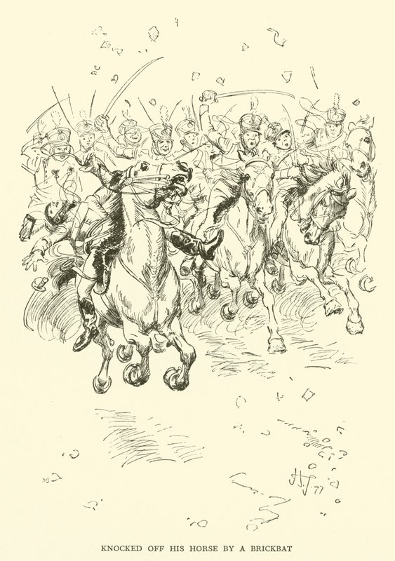 Cortado do seu cavalo por um Brickbat (gravura) de Hugh Thomson