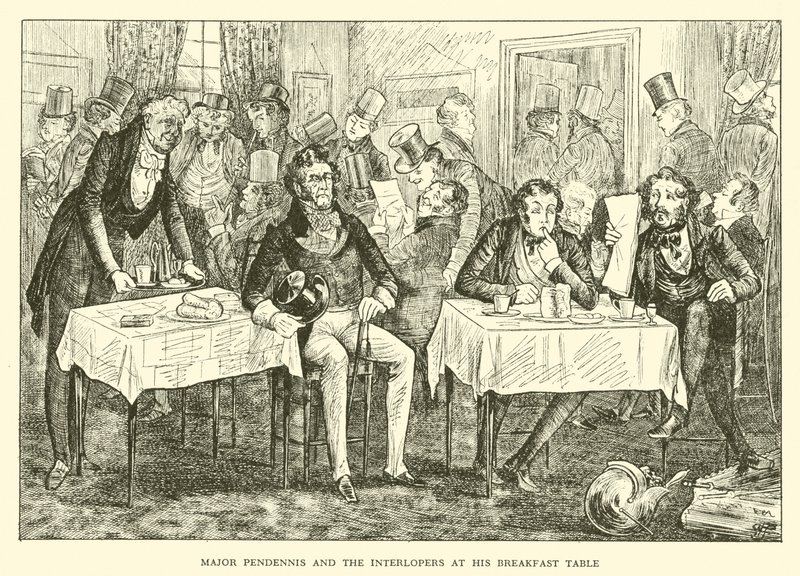 Major Pendennis e os Interlopers em sua mesa de café da manhã (gravura) de Hugh Thomson