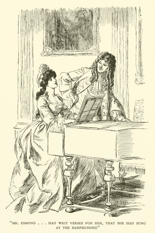 Sr. Esmond...tinha escrito Verses para ela, que ela tinha Sung at the Harpsichord (gravura) de Hugh Thomson