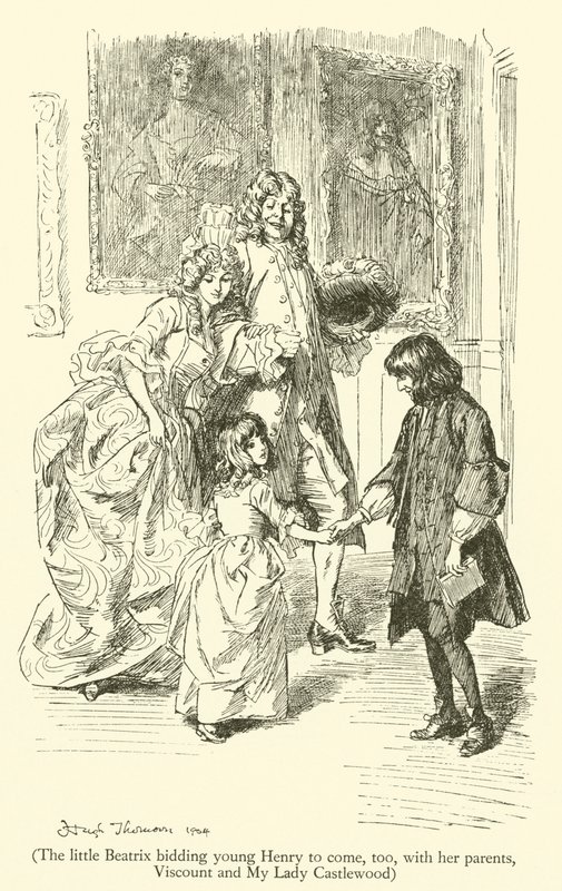 A pequena Beatrix a convidar o jovem Henry a vir também com os pais, Visconde e My Lady Castlewood (gravura) de Hugh Thomson
