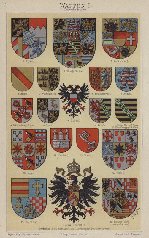Escudos de armas dos estados alemães (cor litho) de Hugo Gerard (after) Strohl
