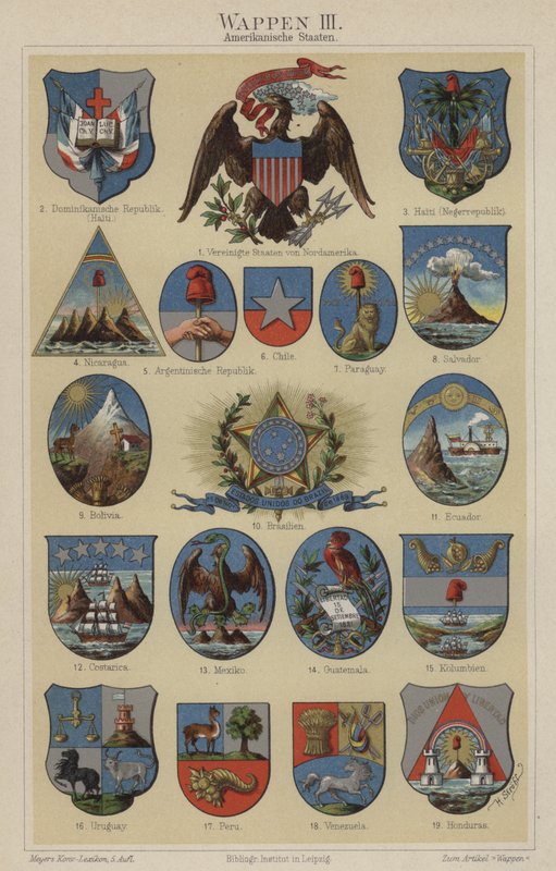 Escudos de armas dos países das Américas (cor litho) de Hugo Gerard (after) Strohl