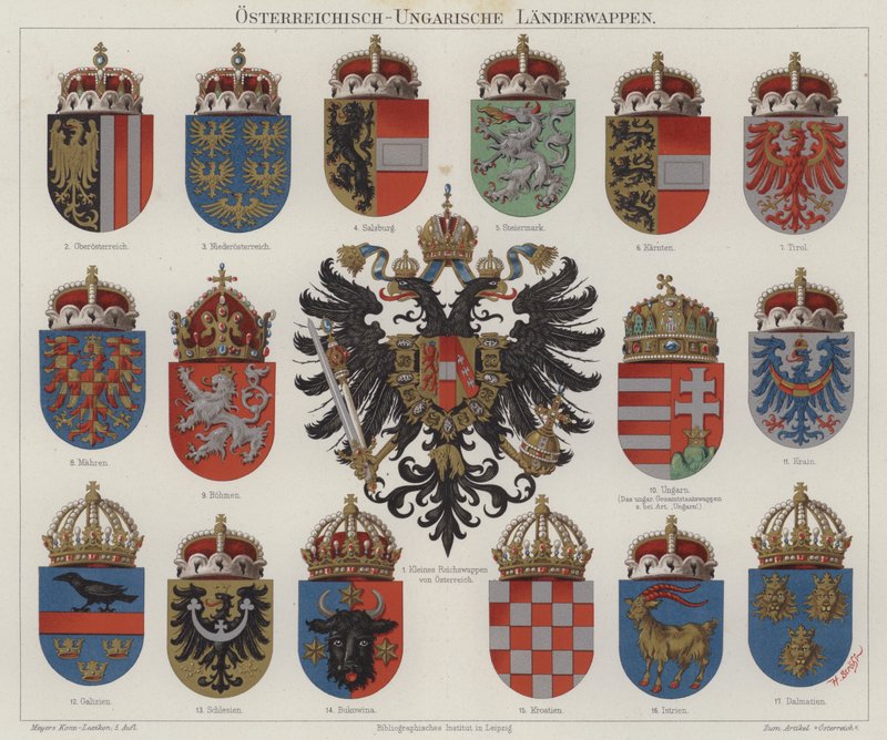 Escudos de armas do Império Austro-Húngaro (cor litho) de Hugo Gerard (after) Strohl