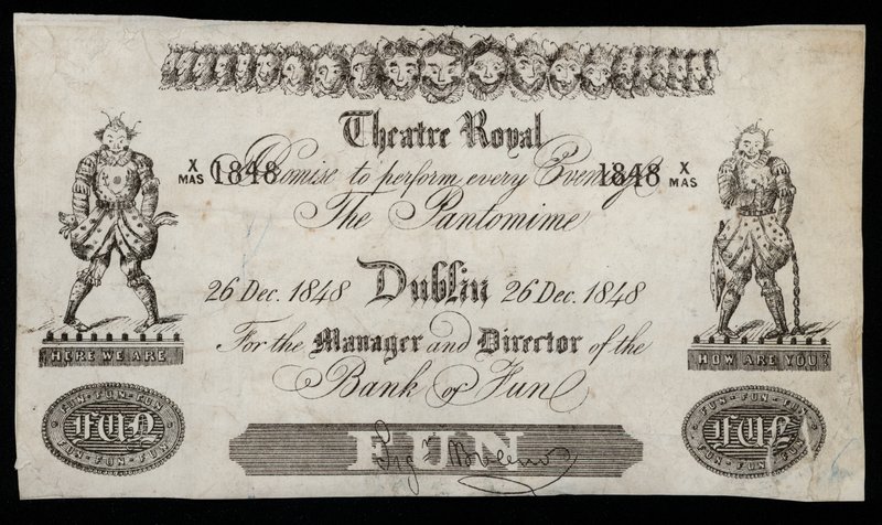 Anúncio de uma pantomima no Theatre Royal, Dublin, com base numa nota do Bank of Ireland de Irish School
