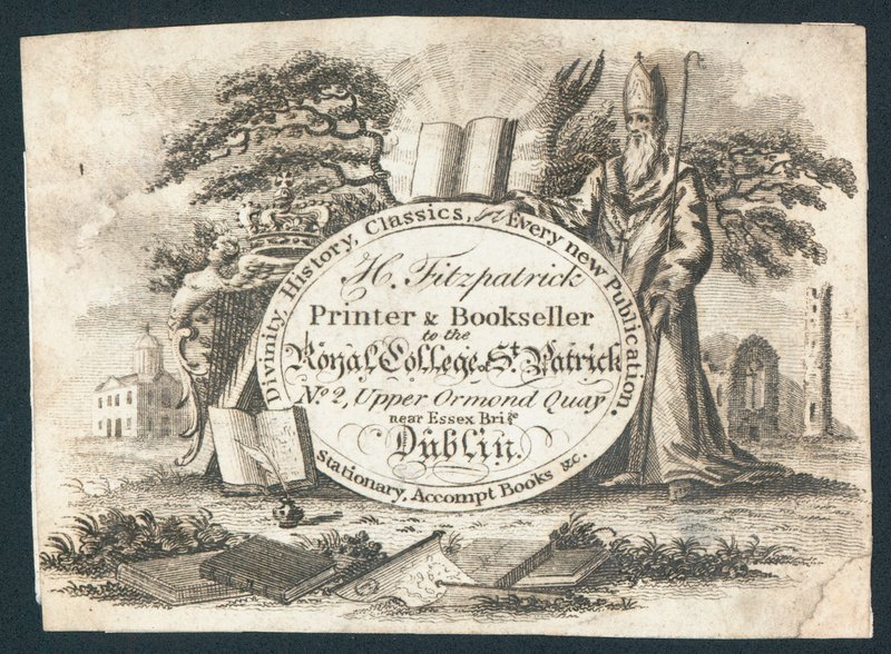 H Fitzpatrick, impressor e livreiro do Royal College of Saint Patrick, cartão comercial de Irish School