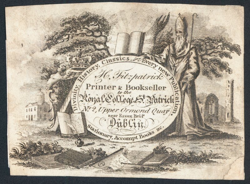 H Fitzpatrick, gráfica e livreira do Royal College of Saint Patrick, cartão comercial (gravura) de Irish School