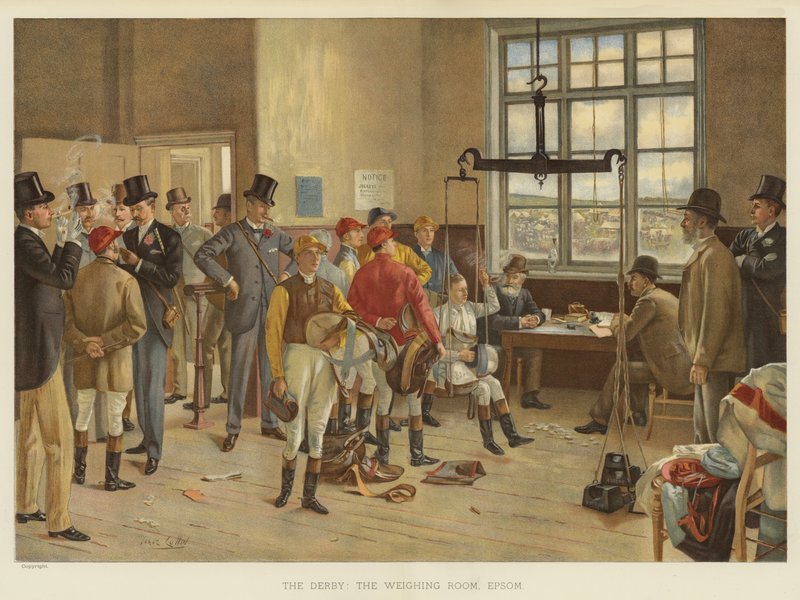 O Derby, a sala de pesagem, Epsom (cromolitho) de Isaac J. Cullin