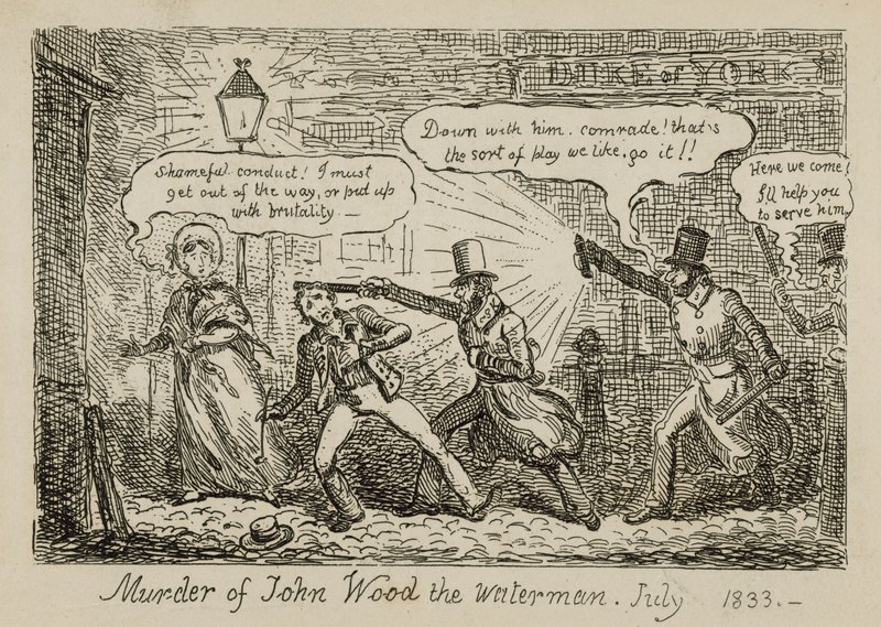 Assassinato de John Wood, o aguadeiro, julho de 1833 (gravura) de Isaac (after) Cruikshank