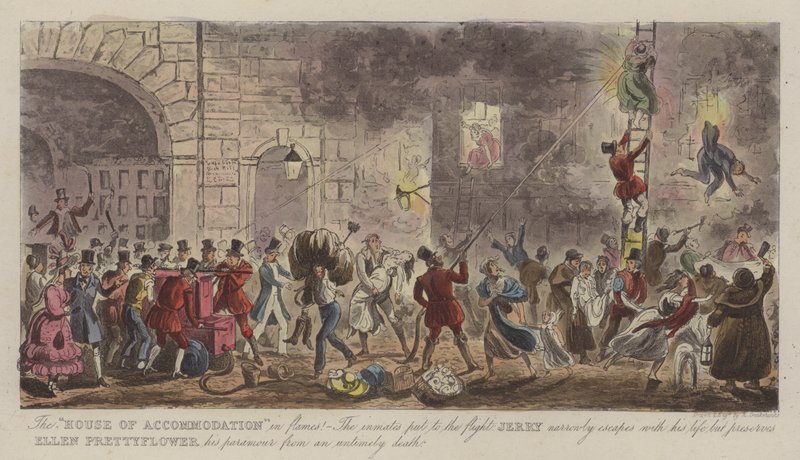 A "Casa de Alojamento" em Chamas! (gravura colorida) de Isaac Robert (after) Cruikshank