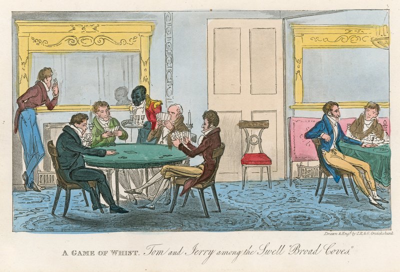 Um jogo de whist; Tom e Jerry entre as enseadas amplas swell de Isaac, Robert and George Cruikshank
