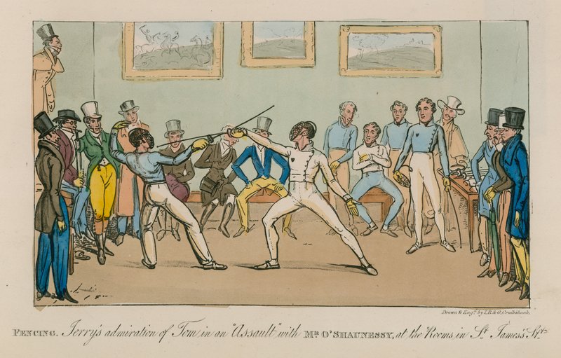 Esgrima, admiração de Jerry por Tom em um assalto com o Sr. O&39;Shaunessy, nos quartos da St James Street de Isaac, Robert and George Cruikshank