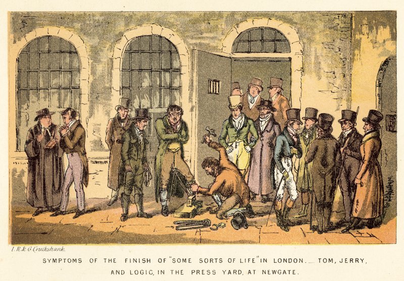 Os sintomas do fim de alguns tipos de vida em Londres, Tom, Jerry e Logic, na Press Yard, em Newgate de Isaac, Robert and George Cruikshank