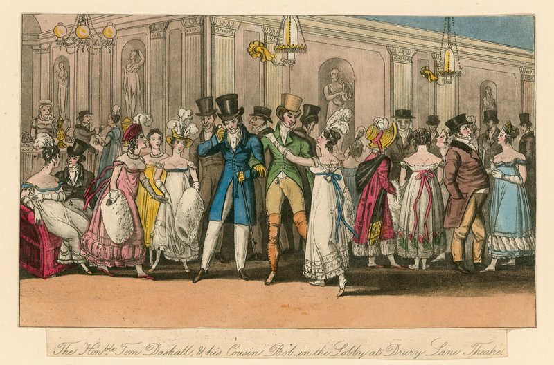 O honorável Tom Dashall e seu primo Bob no saguão do Drury Lane Theatre, em Londres de Isaac, Robert and George Cruikshank