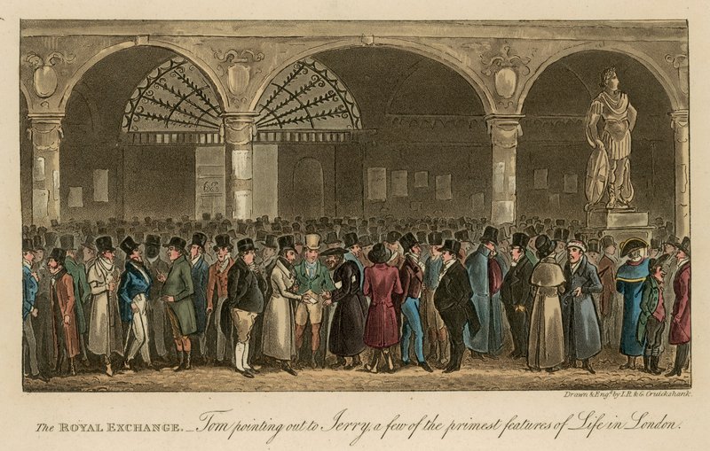 The Royal Exchange: Tom apontando para Jerry algumas das principais características da vida em Londres de Isaac, Robert and George Cruikshank