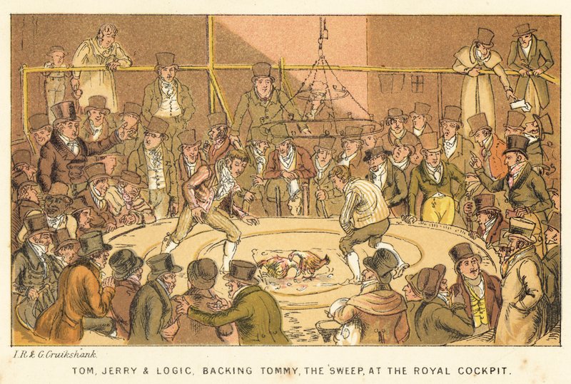 Tom, Jerry e Logic, apoiando Tommy, o Sweep, no Royal Cockpit de Isaac, Robert and George Cruikshank