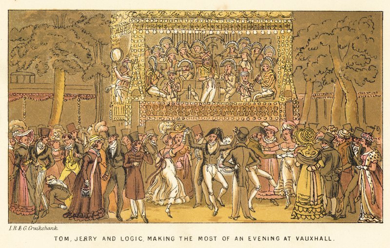 Tom, Jerry e Logic, aproveitando ao máximo uma noite no Vauxhall de Isaac, Robert and George Cruikshank