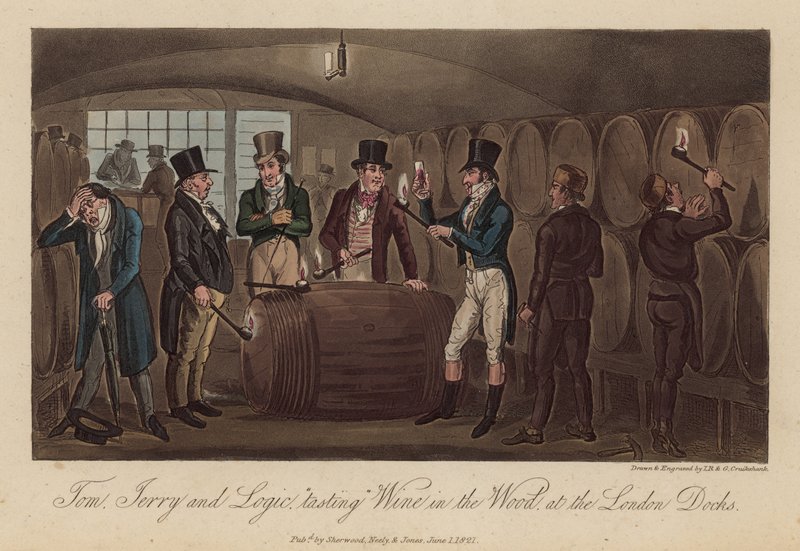 Tom, Jerry e Logic &39;degustam&39; vinho na madeira nas docas de Londres de Isaac, Robert and George Cruikshank