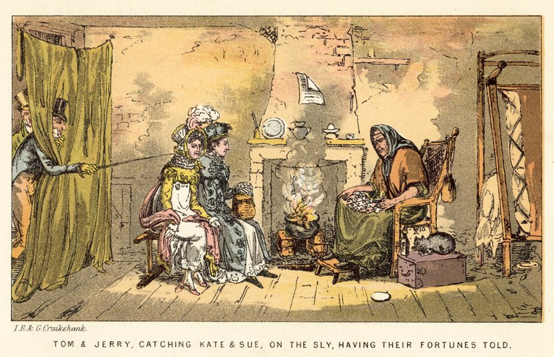 Tom e Jerry, pegando Kate e Sue, às escondidas, tendo suas fortunas reveladas de Isaac, Robert and George Cruikshank