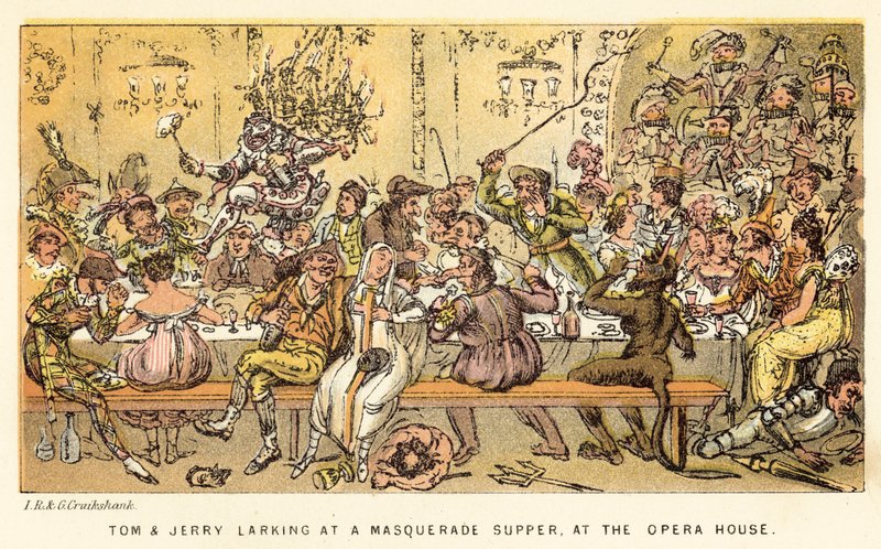 Tom e jerry larking em um mascarada ceia, na casa da ópera de Isaac, Robert and George Cruikshank