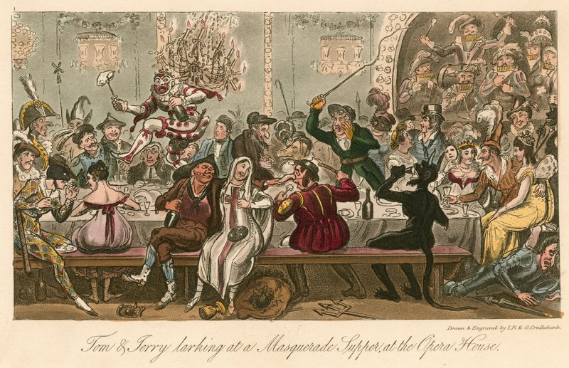 Tom e jerry larking em um mascarada ceia na casa de ópera, em londres de Isaac, Robert and George Cruikshank