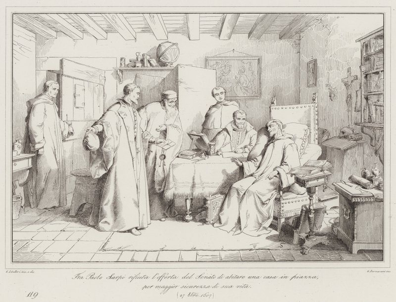 Frei Paolo Sarpi recusou a oferta do Senado de morar numa casa na praça, para maior segurança de sua vida, 1607 de Italian School