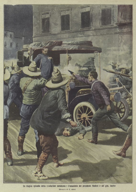 Um episódio trágico da Revolução Mexicana: o assassinato do Presidente Madero e do General Suarez (litografia a cores) de Italian School