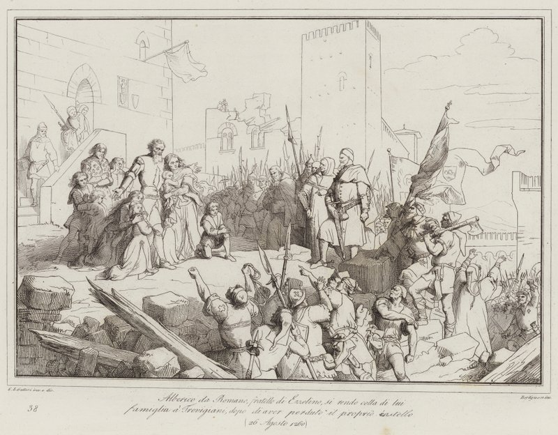 Alberico da Romano, irmão de Ezzelino, entrega-se com sua família ao Trevigiani (gravura) de Italian School