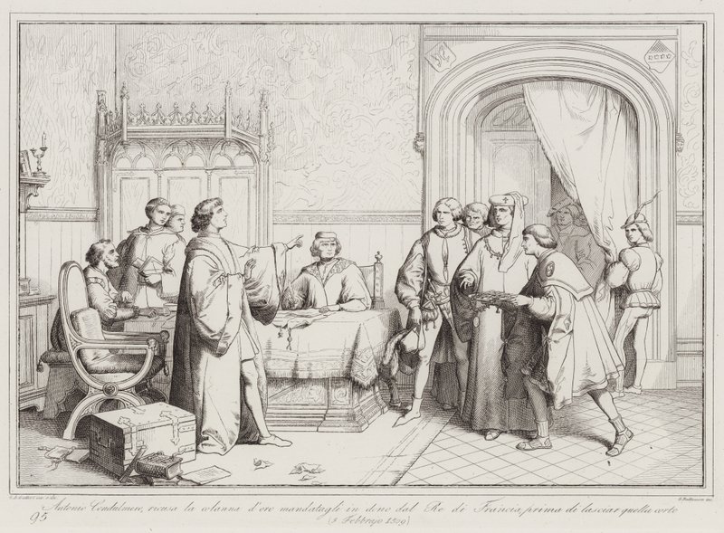 Antonio Condulmero, recusa o colar de ouro que lhe foi enviado como presente do Rei de França, antes de partir (gravura) de Italian School