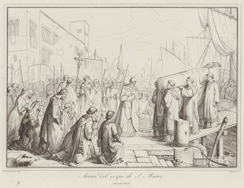 Chegada do corpo de São Marcos, 828 (gravura) de Italian School