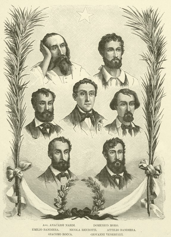 Avv Anacarsi Nardi, Domenico Moro, Emilio Bandiera, Nicola Ricciotti, Attilio Bandiera, Giacomo Rocca, Giovanni Venerucci (gravura) de Italian School