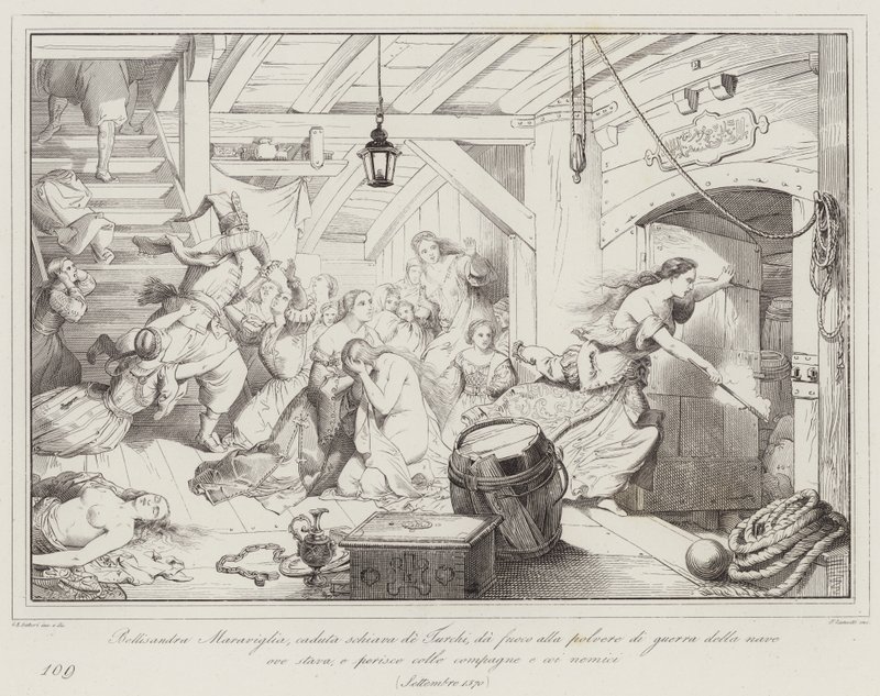 Bellisandra Maraviglia, escrava caída dos turcos, põe fogo à pólvora de guerra do navio onde (gravura) de Italian School