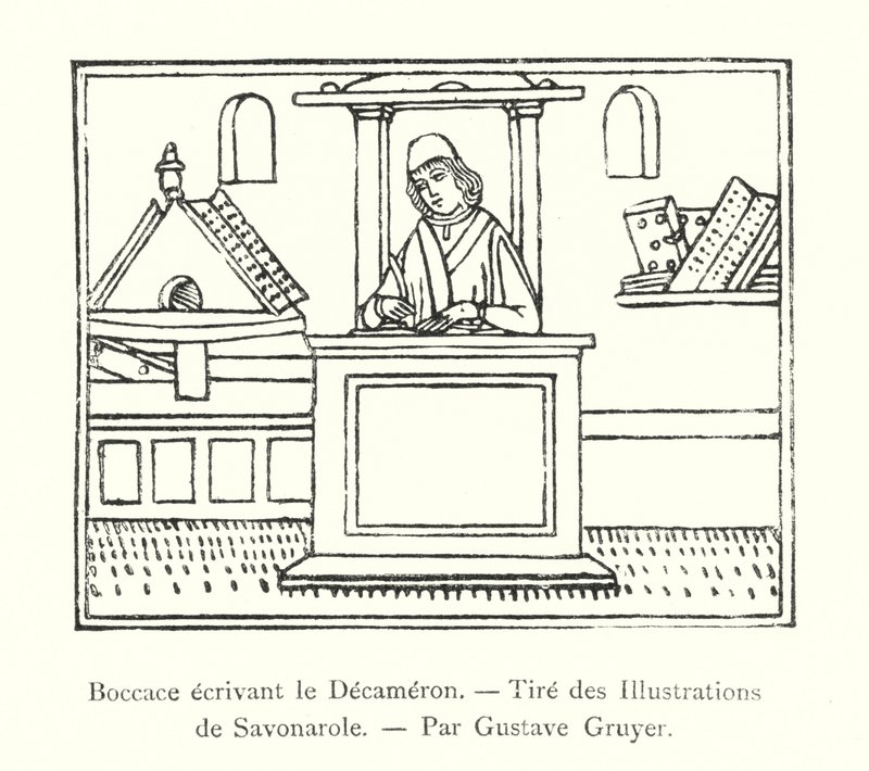 Boccaccio escrevendo o Decameron, a partir das Ilustrações de Savonarola, de Gustave Gruyer (gravura) de Italian School