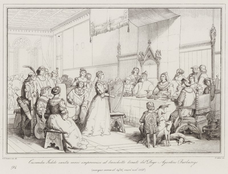 Cassandra Fedele canta versos improvisados no banquete realizado por Doge Agostino Barbarigo (gravura) de Italian School