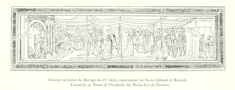 Cassone ou Caixa de Casamento do século XV, representando o Casamento Adimari e Ricasoli, guardado no Museu da Academia de Belas Artes de Florença (gravura) de Italian School