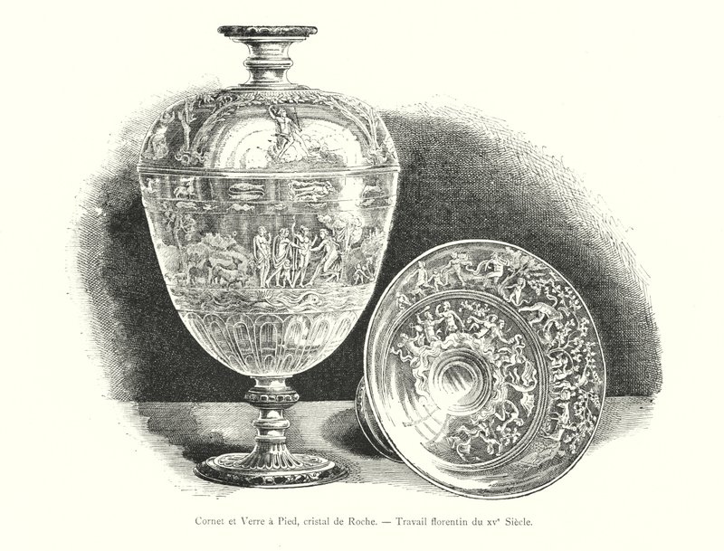Cornet and Footed Glass, Cristal de Rocha, obra florentina do século XV (gravura) de Italian School