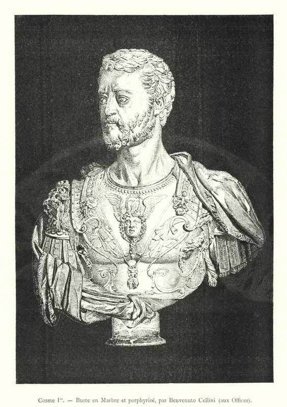 Cosimo I, Busto em Mármore e Porfirio, de Benvenuto Cellini, na Uffizi (gravura) de Italian School