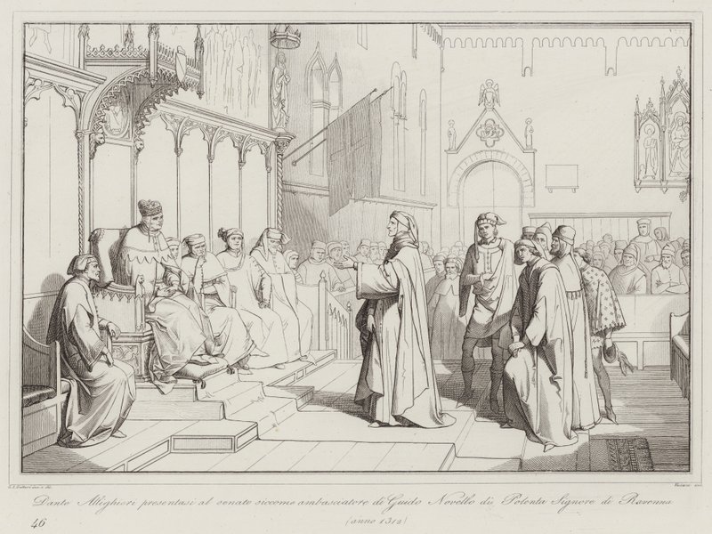 Dante Allighieri se apresentou ao Senado como embaixador de Guido Novello di Polenta, Senhor de Ravenna. de Italian School