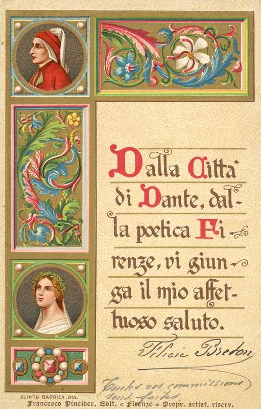 Dante, Beatrice, Divina Comédia (litografia a cores) de Italian School