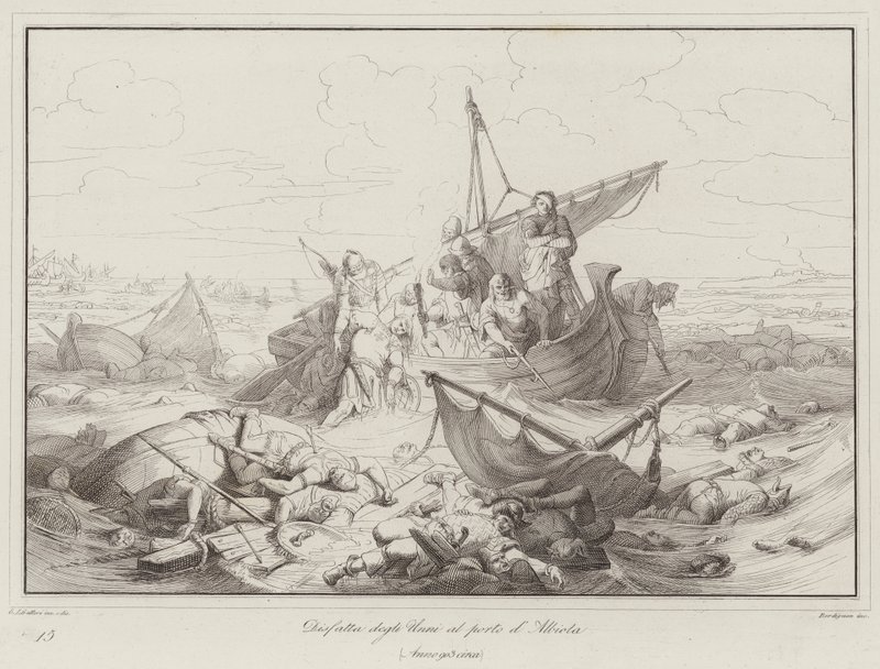 Derrota dos hunos no porto de Albiola, 903 (gravura) de Italian School