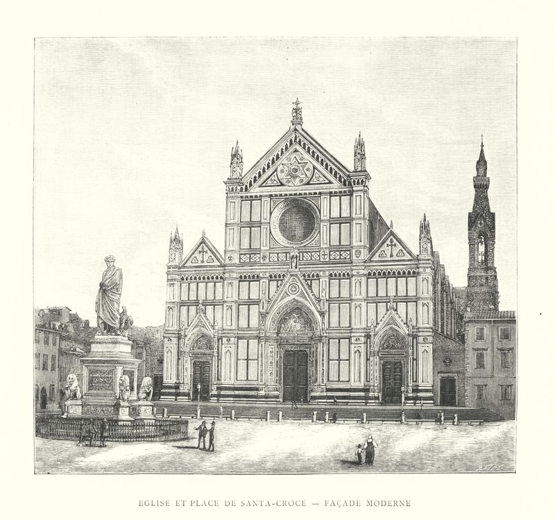 Igreja e Piazza di Santa Croce, fachada moderna (gravura) de Italian School