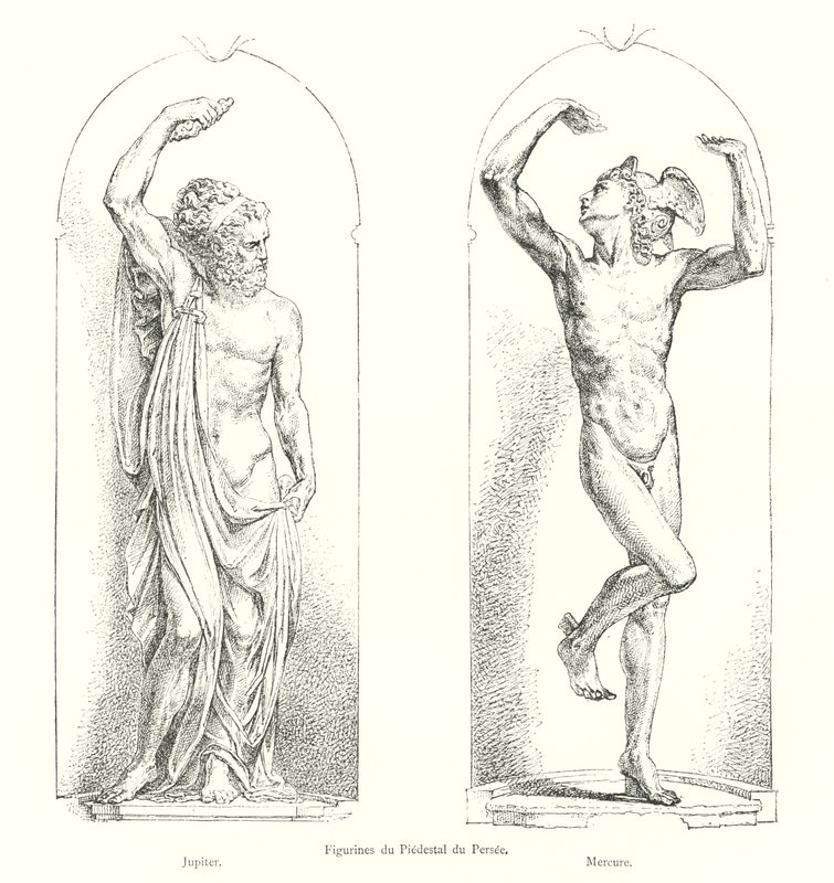 Figuras do Piedestal de Persee, Júpiter, Mercúrio (gravura) de Italian School