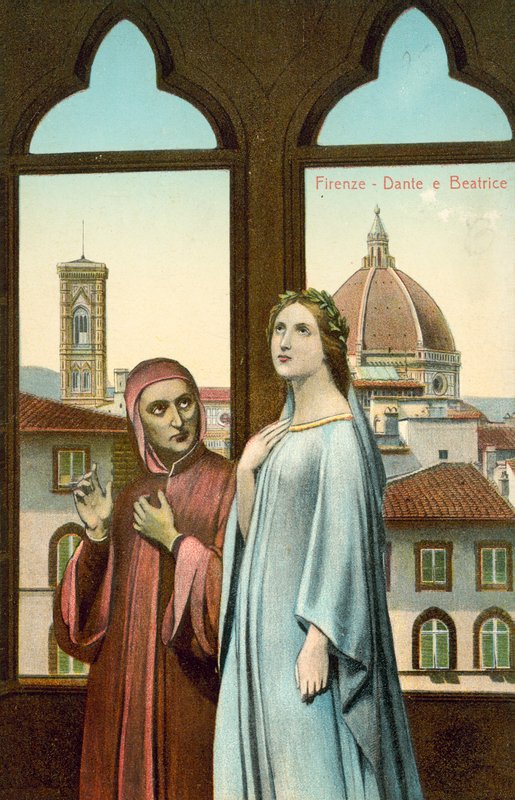 Florença, Dante e Beatrice (litografia a cores) de Italian School