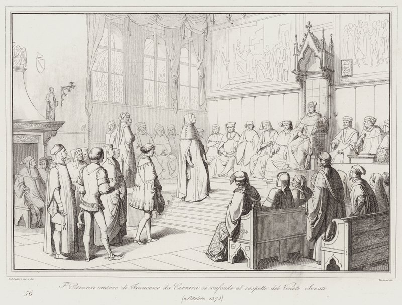 Francesco Petrarca orador de Francesco da Carrara está confuso na presença do Senado do Vêneto de Italian School